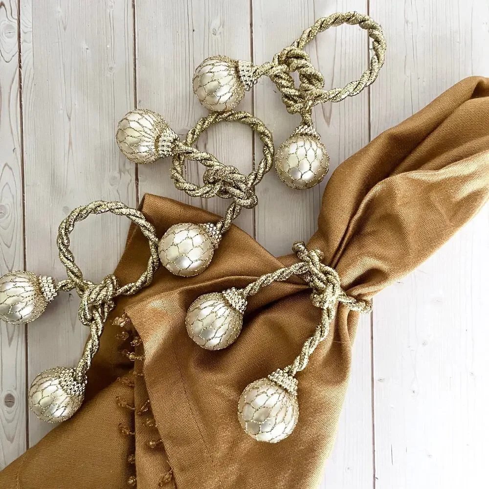 Set of 4 Gold Rope and Netted Pearl Adjustable Napkin Rings Glam Bling Festive